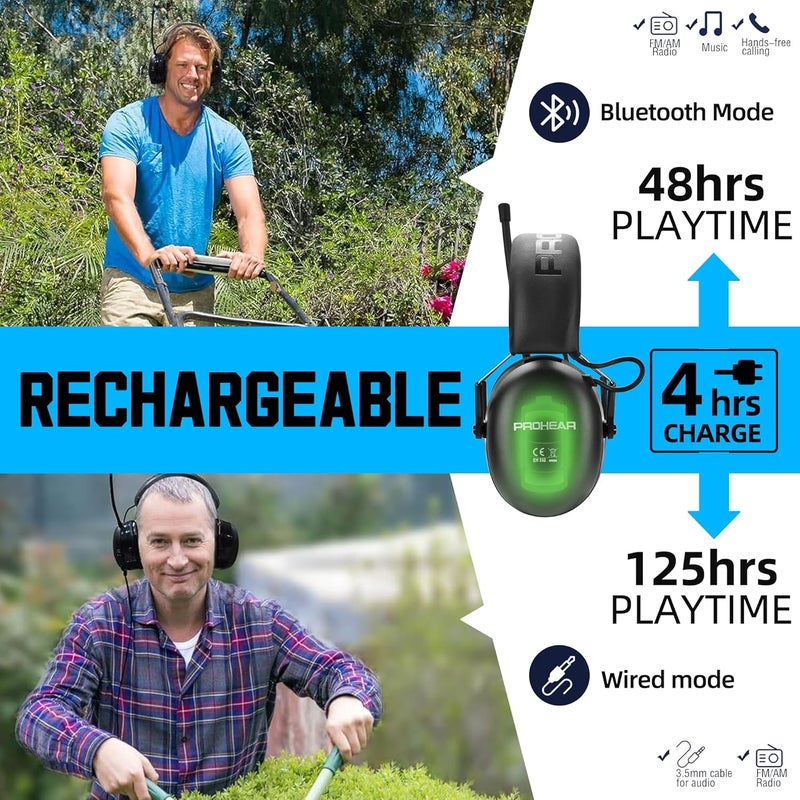 PROHEAR 033 Upgraded Bluetooth 5.4 Hearing Protection Headphones with FM/AM Radio, OSHA-Compliant 25dB NRR Safety Earmuffs, Rechargeable 48H Playtime for Mowing, Workshops and Snowblowing – Black - Image 2